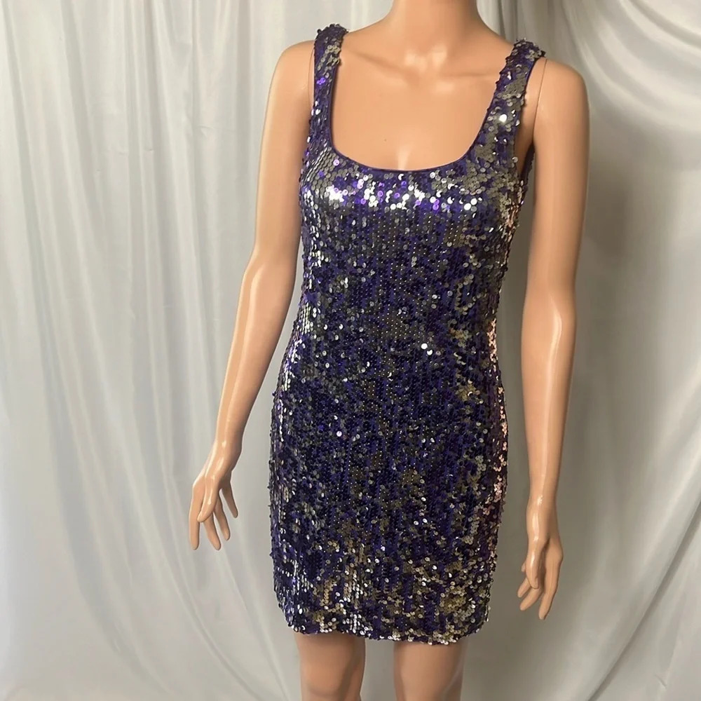 As U Wish Purple Gold Sequin Bodycon Mini Dress Scoop Neck Party Small